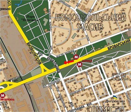 Схема рекламной плоскости по адресу Броварской пр., поворот на Малышка ул., в сторону ст. м. "Левобережная"