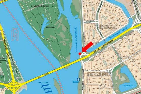 Схема рекламної площини за адресою Соборности пр. (бывш. Воссоединения пр.) / Русановская набережная, развязка, в сторону Днепровская Набережная