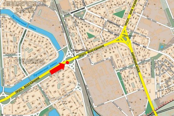 Схема рекламної площини за адресою Соборности пр. (бывш. Воссоединения пр.) / Березняковская ул., мост, перед АЗС "Окко", в сторону Дарницкая пл. (бывш. Ленинградская пл.)