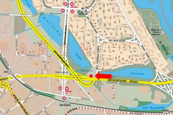 Схема рекламной плоскости по адресу Бандеры пр. (бывш. Московский пр.), 250м до выезда на Богатырская ул., левый, в сторону ст. м. "Почайна" (бывш. ст. м. "Петровка")