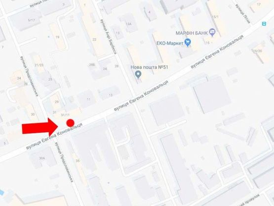 Схема рекламної площини за адресою Коновальца ул. (бывш. Щорса ул.) / Предславинская ул., на светофоре, в сторону Украинки бул.