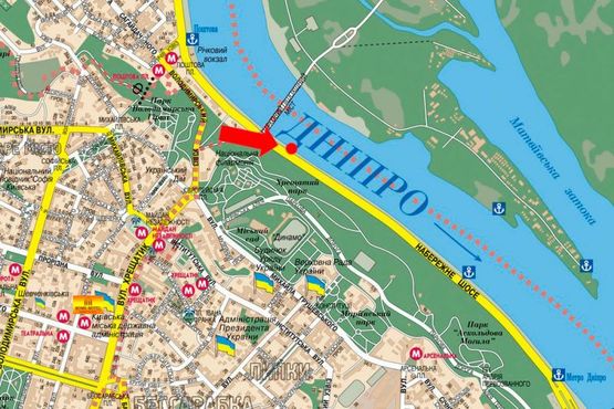 Схема рекламной плоскости по адресу Набережное шоссе, 100м от моста Пешеходного , в сторону ст. м. "Днепр"
