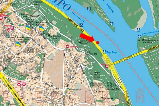 Схема рекламної площини за адресою Набережное шоссе, 400м до моста метро, в сторону ст. м. "Днепр"