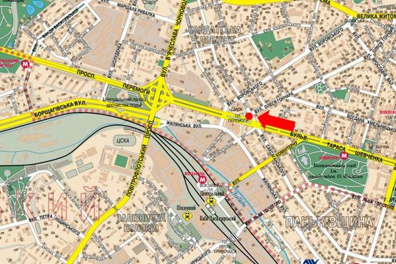 Схема рекламної площини за адресою Победы пл., 2 / Дмитриевская ул. / Гончара ул., напротив супермаркета "Сильпо", в сторону Бульварно-Кудрявская ул. (бывш. Воровского ул.)