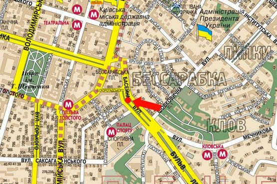 Схема рекламної площини за адресою Бассейная ул. / Руставели ул., разделитель, в сторону Бессарабская пл.