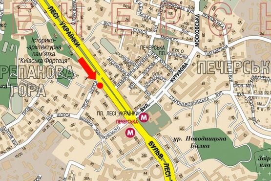 Схема рекламной плоскости по адресу Украинки бул., 24-Б / Новогоспитальная ул. (бывш. Щорса пер.), в сторону ст. м. "Печерская"