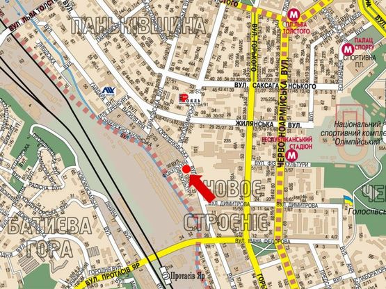 Схема рекламной плоскости по адресу Короленковская ул., 6, на светофоре, поворот на супермаркет "Мегамаркет", в сторону Жилянская ул.