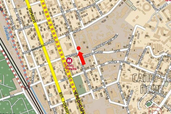 Схема рекламной плоскости по адресу Предславинская ул., 35-1, Дворец "Украина", в сторону Коновальца ул. (бывш. Щорса ул.)