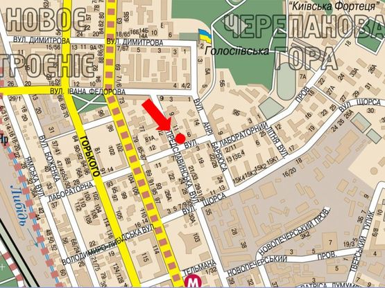 Схема рекламної площини за адресою Предславинская ул. / Лабораторная ул., возле роддома №7, Лингвистического Университета (Иняза), в сторону Коновальца ул. (бывш. Щорса ул.)