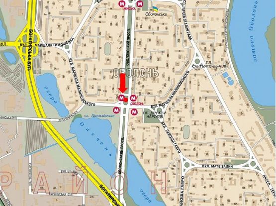 Схема рекламної площини за адресою Оболонский пр. / Малиновского ул., разделитель, ст. м. "Оболонь", в сторону Петровки, правая