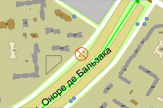 Схема рекламной плоскости по адресу Оноре де Бальзака 55В, після 100 метрів руху від ТЦ"РайON" та вул.Миколи Лаврухіна, ліворуч