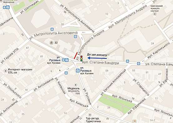 Схема рекламной плоскости по адресу Бандери, 32а  -  Антоновича - Невського