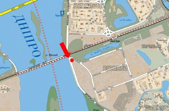 Схема рекламної площини за адресою Днепровская Набережная / Причальная ул. / мост Дарницкий, в сторону Бажана пр.
