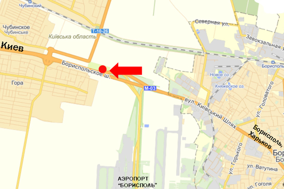 Схема рекламной плоскости по адресу Трасса Киев-Борисполь, на развязке дороги к а/п Борисполь, разделитель, в сторону Киева