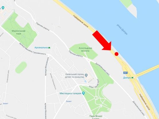 Схема рекламной плоскости по адресу Набережное шоссе ул., 300 м. до ст.м. "Днепр", со стороны Подола