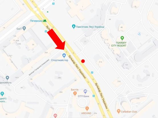 Схема рекламной плоскости по адресу Украинки бул., 21А - 21, в сторону Дружбы Народов бул.