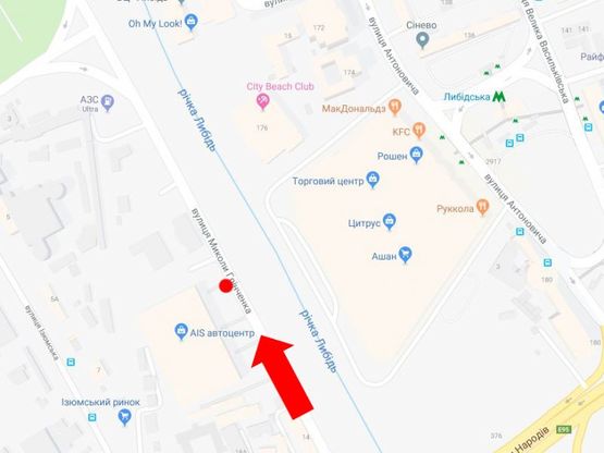 Схема рекламной плоскости по адресу Гринченко ул., 18, возле автосалонов, напротив ТРЦ "Ocean Plaza", в сторону центра