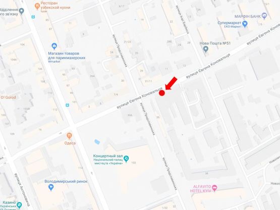 Схема рекламної площини за адресою Коновальца ул. (бывш. Щорса ул.) / Предславинская ул., на светофоре, в сторону Б. Васильковская ул.