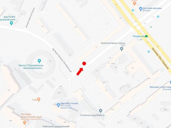 Схема рекламної площини за адресою Алмазова ул. (бывш. Кутузова ул.), 14 / ул. Коновальца (бывш. Щорса ул), в сторону бул. Л. Украинки