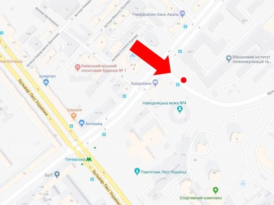 Схема рекламной плоскости по адресу Старонаводницкая ул., 1/45 / ул. Алмазова (бывш. ул. Кутузова), на светофоре, в сторону бул. Дружбы Народов, моста Патона