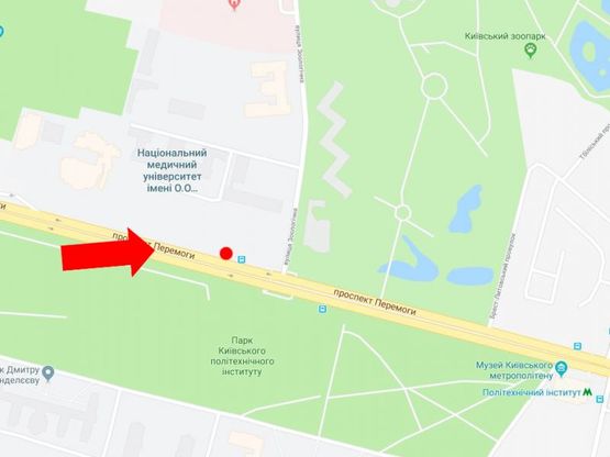 Схема рекламної площини за адресою Победы пр., 34, напротив Медуниверситета им. Богомольца, в сторону центра