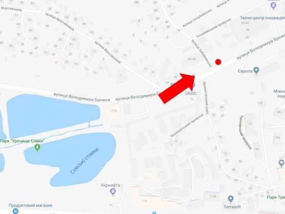 Схема рекламної площини за адресою Брожко ул. (бывш. Кировоградская ул.), 38, напротив заправки "Окко", в сторону ул. Гринченко