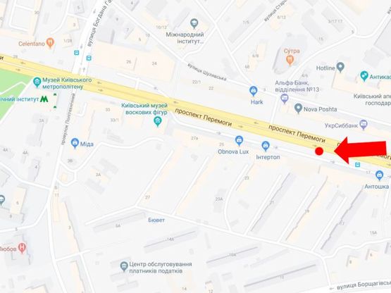 Схема рекламної площини за адресою Победы пр., 21, возле магазинов "Интертоп", "Carlo Pazolini", "Adidas", из центра