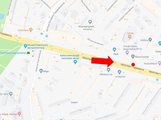 Схема рекламной плоскости по адресу Победы пр., 20, банки "ПУМБ", "Укрсиббанк", напротив магазинов "Интертоп", "Carlo Pazolini", "Adidas", в центр