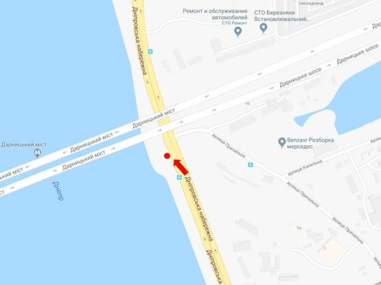 Схема рекламної площини за адресою Днепровская набережная / ул. Причальная, возле жд моста, на светофоре, в сторону моста Патона