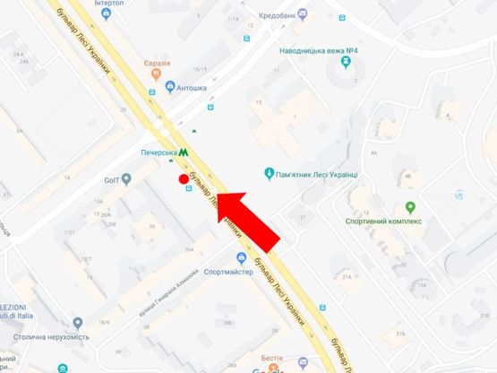 Схема рекламної площини за адресою Украинки бул., 26 / ул.Алмазова (бывш. ул. Кутузова), на светофоре, возле "KFC", в сторону ул. Бассейная