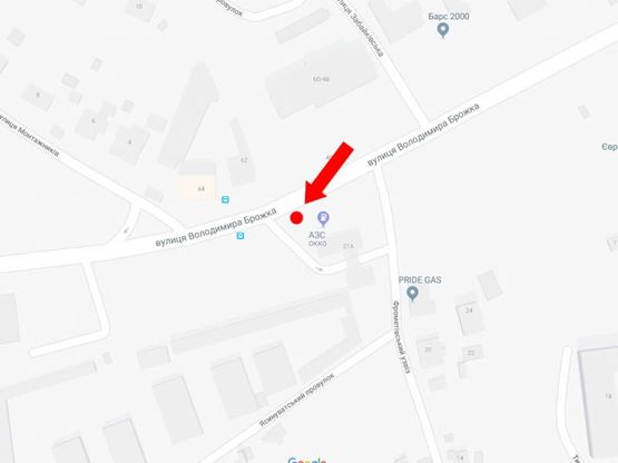 Схема рекламної площини за адресою Брожко ул. (бывш. Кировоградская ул.), 21, возле АЗС "Окко", в сторону пр. Лобановского (бывш. Краснозвездный пр.)