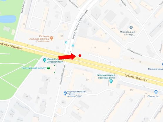 Схема рекламной плоскости по адресу Победы пр., 26, напротив ст.м. "Политехнический институт", возле ТРЦ "Smart Plaza", супермаркета "Сильпо", в центр