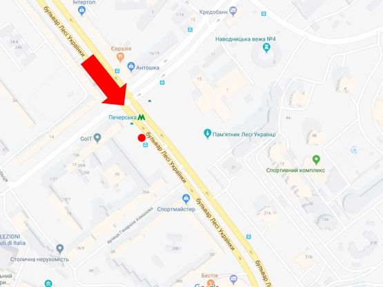 Схема рекламной плоскости по адресу Украинки бул., 26 / ул.Алмазова (бывш. ул. Кутузова), на светофоре, возле "KFC", ст. м. "Печерская", из центра