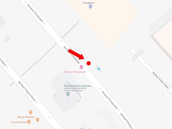 Схема рекламної площини за адресою Кирпы ул., 3, возле входа в Южный жд вокзал, в сторону ул. Липковского (бывш. ул. Урицкого)