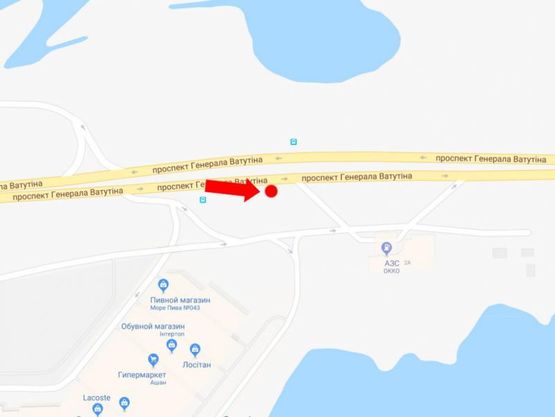 Схема рекламной плоскости по адресу Ватутина пр., 2, возле ТРЦ Sky Mall, перед АЗС Окко, из центра