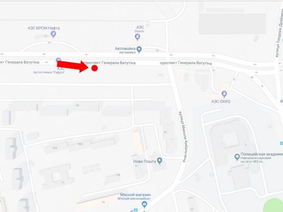 Схема рекламной плоскости по адресу Ватутина пр., 26, напротив АЗС БРСМ, в сторону Троещинского рынка, из центра