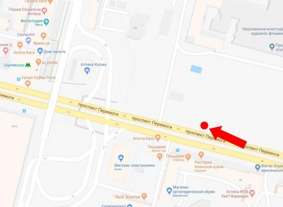 Схема рекламной плоскости по адресу Победы пр., 44, киностудия им. Довженко, перед временным светофором и Шулявским мостом, из центра