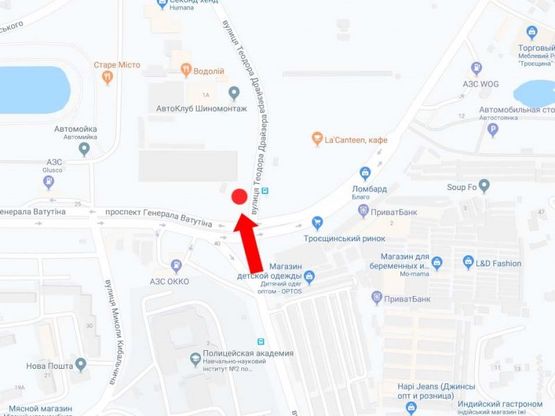 Схема рекламной плоскости по адресу Ватутина пр. - ул. Драйзера, на светофоре, возле рынка "Троещина", в сторону ул. Маяковского, ст.м. "Почайна"