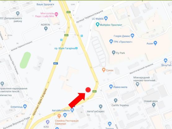 Схема рекламної площини за адресою Верховного Совета бул., 36, перед ТЦ "Проспект", супермаркетами "Фокстрот", "Ашан" ст. м. Черниговская