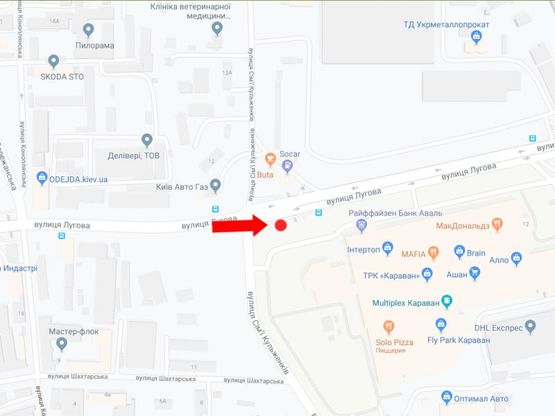 Схема рекламної площини за адресою Луговая ул. -  Семьи Кульженков ул. (бывш. Дегтяренка ул.), возле ТРЦ "Караван", на светофоре, в сторону Богатырской ул.