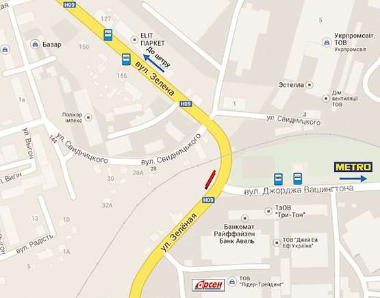 Схема рекламной плоскости по адресу Зелена - вул. Дж. Вашінгтона,  верхній