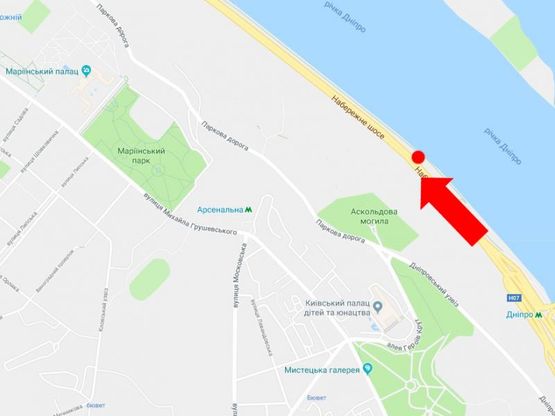 Схема рекламной плоскости по адресу Набережное шоссе ул., 650 м. от ст.м. "Днепр", в сторону Подола