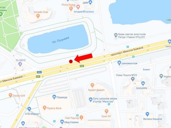 Схема рекламної площини за адресою Бажана пр., напротив ТРЦ "Пирамида", в сторону ст. м. "Позняки", центра