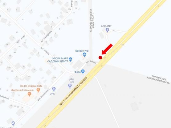 Схема рекламної площини за адресою Глушкова пр., возле супермаркета "Фора", из центра