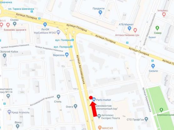 Схема рекламної площини за адресою Автозаводская ул., 89а - пер. Автозаводской, на светофоре, в сторону ул. Полярная, из центра