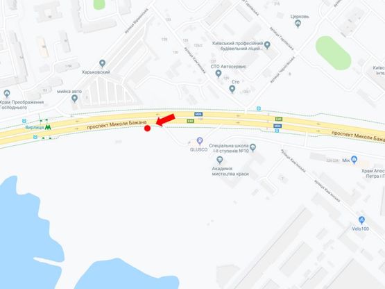 Схема рекламной плоскости по адресу Бажана пр., возле ст.м. "Вырлица", АЗС "Glusco", в сторону центра