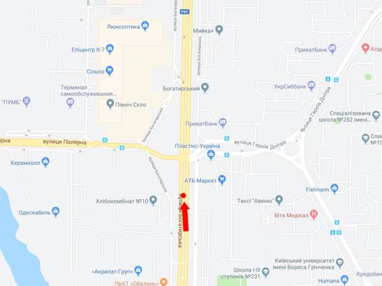 Схема рекламной плоскости по адресу Богатырская ул., 5 - ул. Полярная,  200 м до светофора, разделитель, в сторону супермаркетов "Эпицентр", "Сильпо", из центра