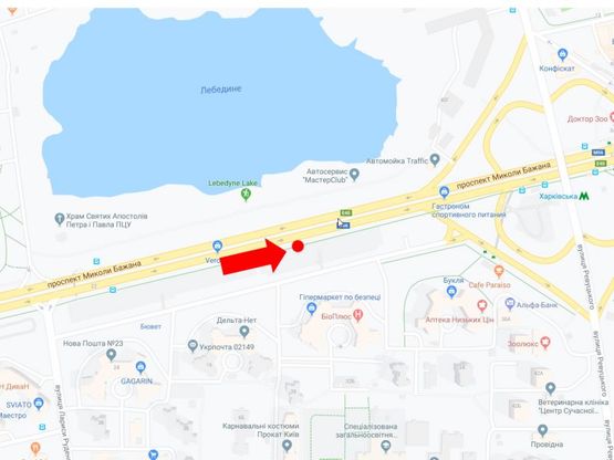 Схема рекламної площини за адресою Бажана пр., 30, в сторону ст.м. "Харьковская", из центра