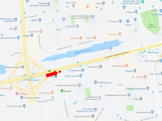 Схема рекламной плоскости по адресу Бажана пр. 12, ст. м. "Осокорки", возле супермаркета "Varus", в сторону ст.м. "Позняки", из центра