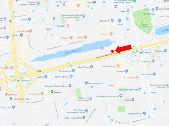 Схема рекламной плоскости по адресу Бажана пр. - пр. Григоренко, ст. м. "Позняки", возле АЗС "Кло", напротив McDonald's, в центр